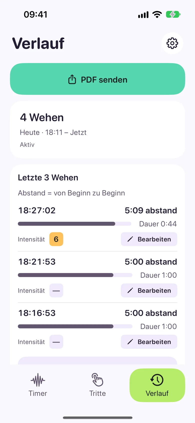 Verlauf mit den letzten drei Wehen: Startzeiten, Abstände, Dauer und Stärke.