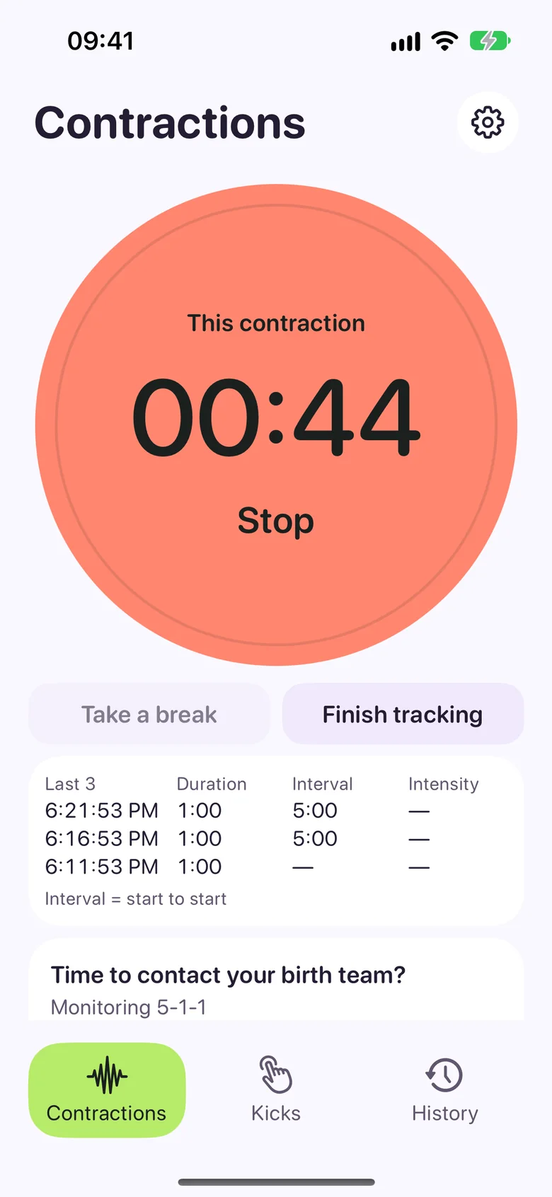 Birthtide timing a contraction: a large coral Stop button showing 00:44, with the last three contractions listed below.