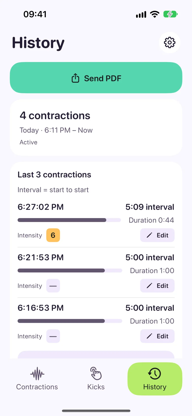 History screen listing the last three contractions with start times, intervals, durations and intensity.