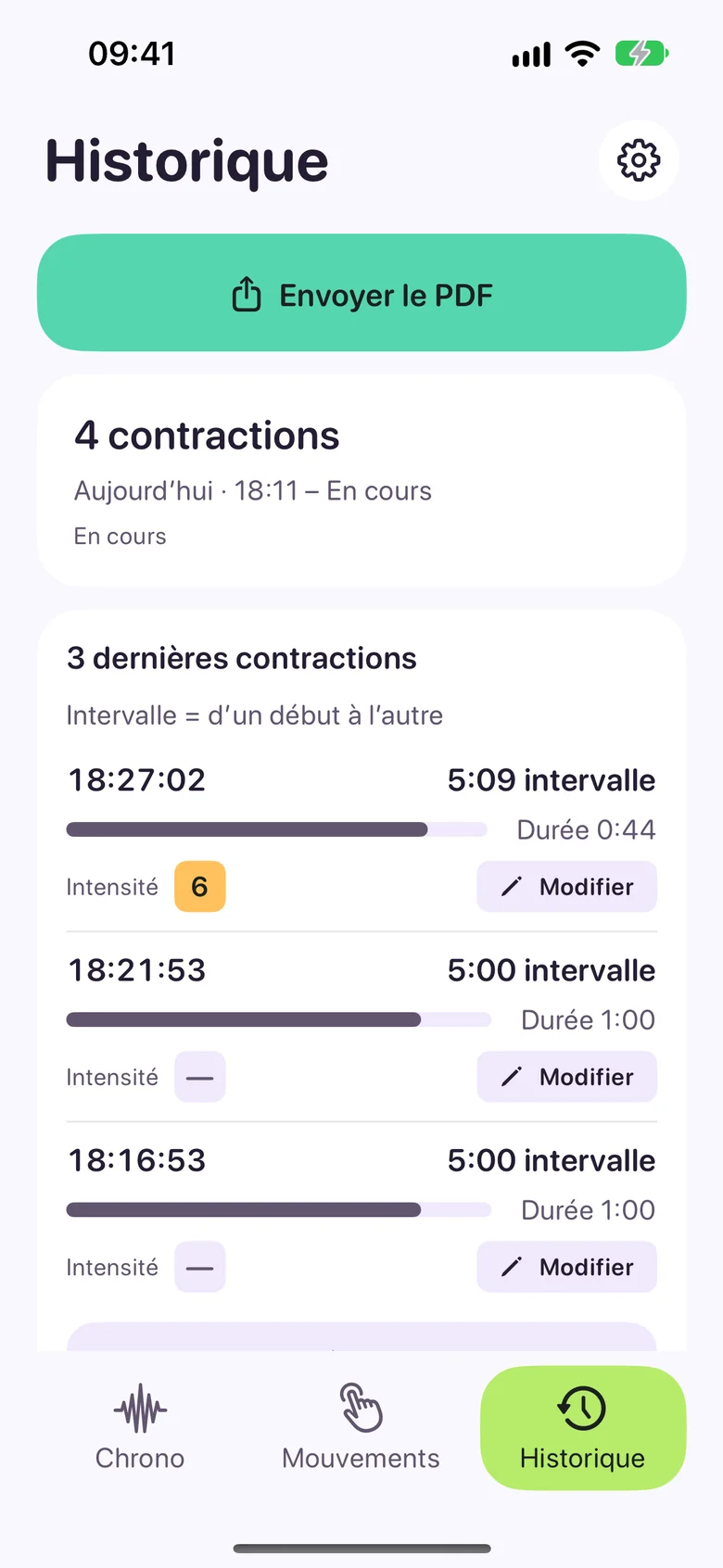Écran Historique avec les trois dernières contractions : heures de début, intervalles, durées et intensité.