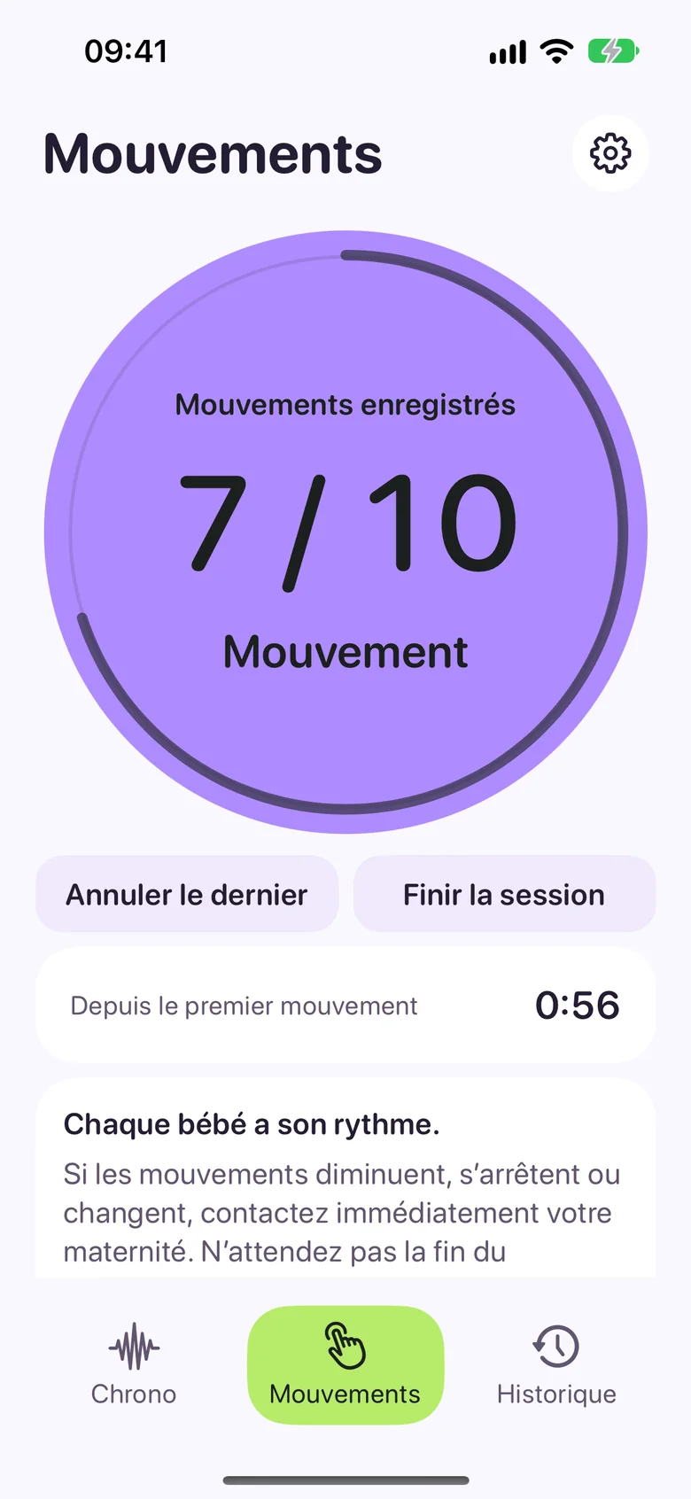 Compteur de mouvements affichant 7 mouvements sur 10 dans un grand bouton lavande.