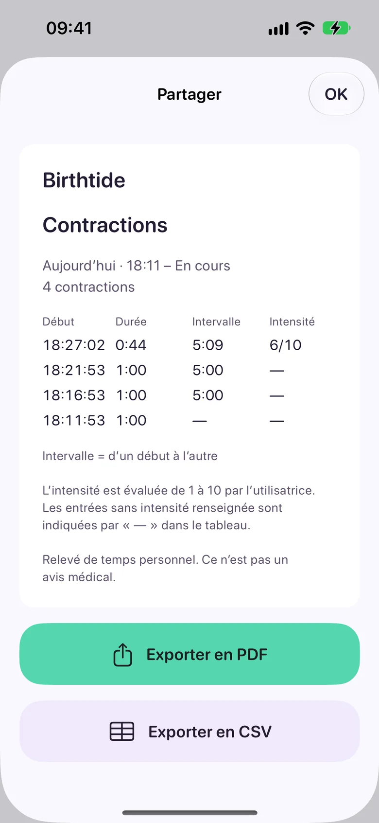 Aperçu du rapport avec un tableau de quatre contractions et des boutons pour exporter en PDF ou en CSV.